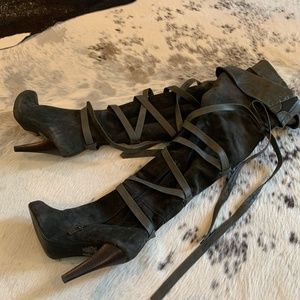 Suede and leather thigh-high stiletto lace-up boot